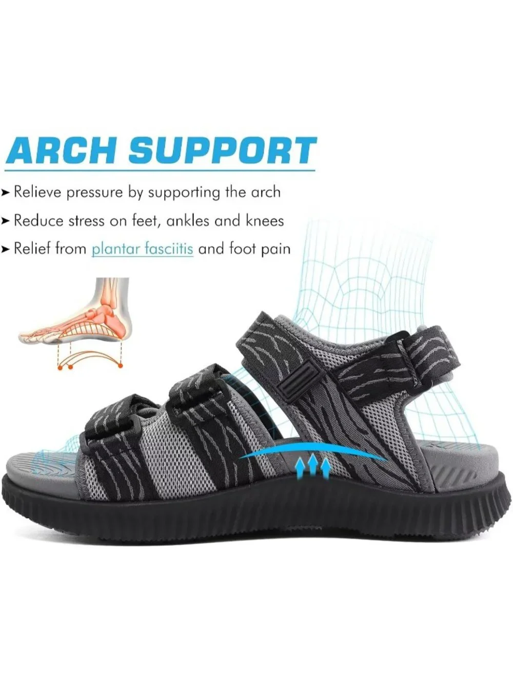 Men's Grey And Black Orthopedic Recovery Plantar Fasciitis Open Toe Sandal Shoes